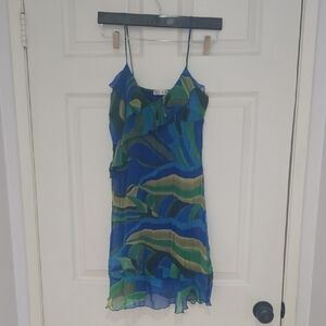 Blue and Green Strappy Silk Dress